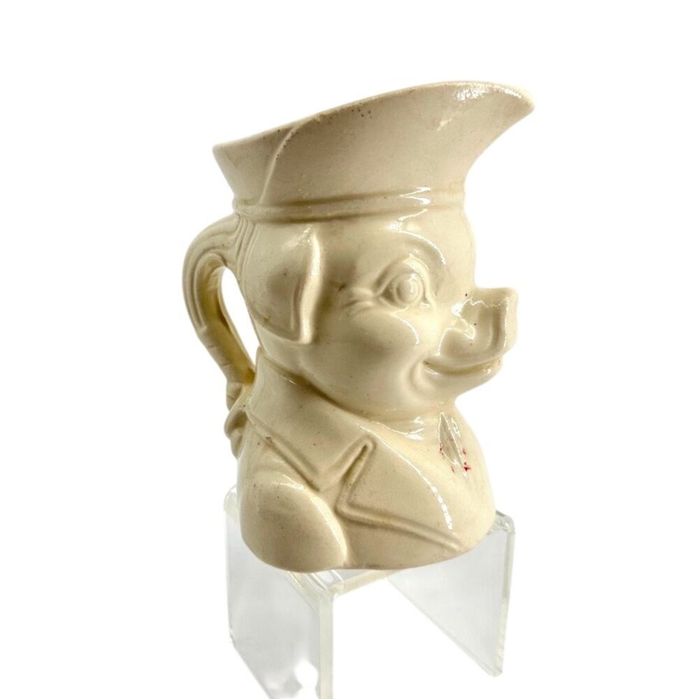 Vintage 1940s Colonial Pig Figural Pitcher Cream Ceramic Toby Jug 6" USA Style
